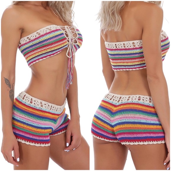 Boho Crochet Tie Up Bikini Two Piece Swim Suit - Picture 2 of 8